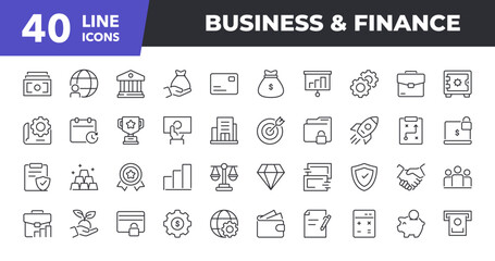 Business and Finance Line Icon Set. Contains such icons as People, Money, Bank, Savings. Vector illustration