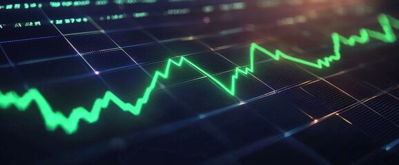 Dynamic digital stock graph with glowing green trendline