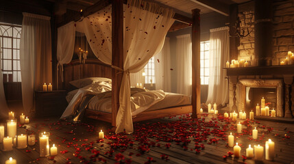 a vintage style bedroom with a wooden canopy bed decorated with flowers
