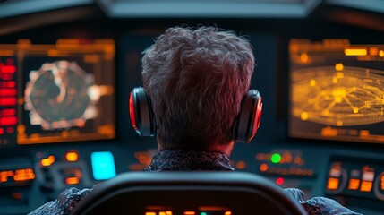 Astronaut in futuristic control room, monitoring star charts and data displays in deep space