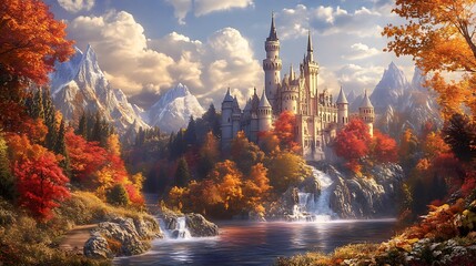 Majestic Castle nestled amidst Autumnal Forest and Mountains