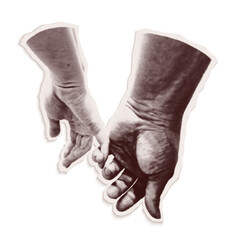 Vintage torn out paper collage. Isolated vector collage illustration cut from an old newspaper with a halftone effect. Trendy retro element with Bitmap texture of two holding on to each other hands