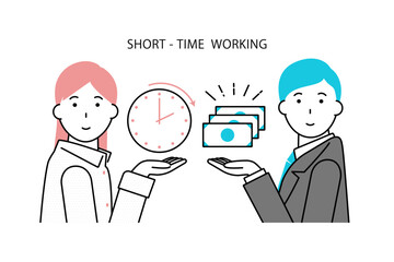 短時間労働の女性に給料を払うビジネスマンのイメージイラスト