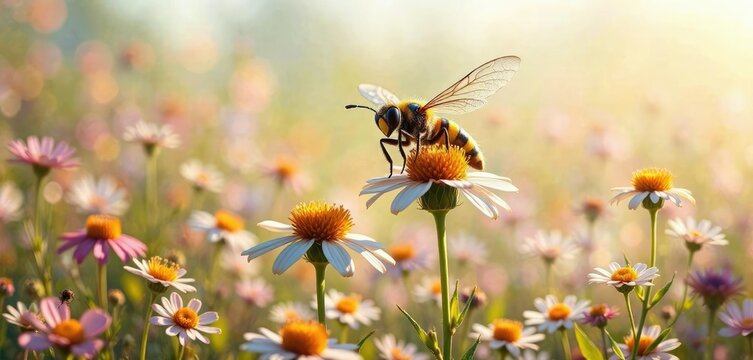 Una abeja volando sobre una colmena en medio de un campo de flores, campo de flores, abeja polinizadora, naturaleza