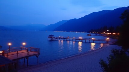 Obraz premium Serene Twilight Lakeside Pier and Mountain Vista