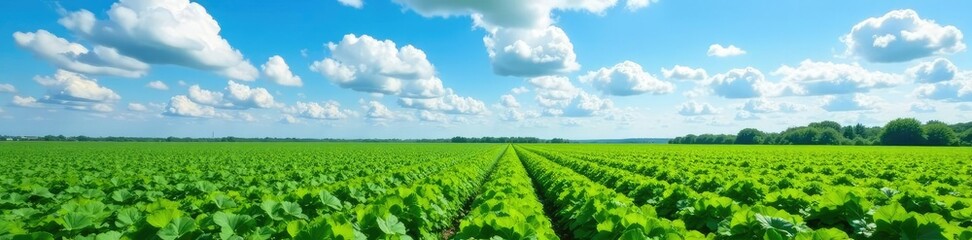 Fototapeta premium Sugar beet farm under blue sky and fluffy white clouds, nature, farm, crop