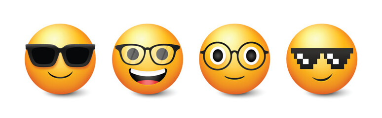 Happy emoji with various of glasses collection. Funny round yellow emoticon.