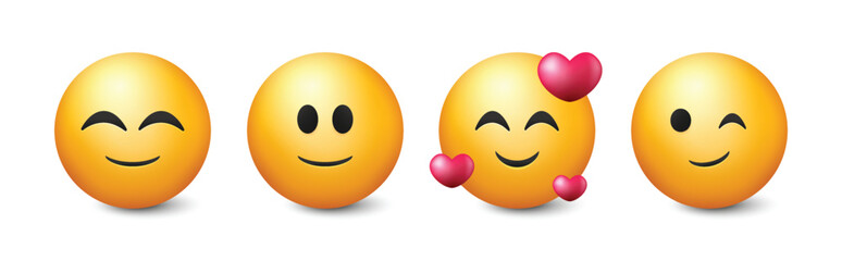 Happy and smile emoji face collection. Funny feeling loveable round yellow emoticon
