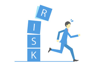 崩れるリスクと書かれたブロックから走って逃げるビジネスマン