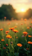 Fototapeta premium Softly glowing wildflowers in a meadow at dawn, , meadow, glow