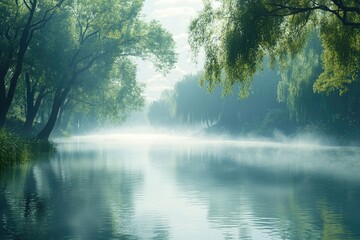 Fototapeta premium Morning mist floating on calm river surrounded by lush green trees