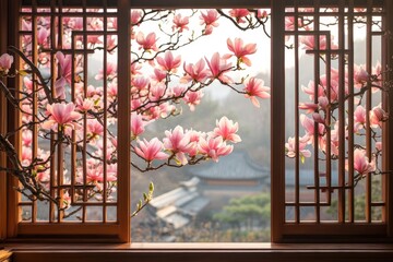 Pink magnolia blossoms framing traditional chinese window view