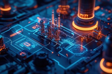 An intricate digital circuit board with glowing elements and futuristic structures, showcasing a high-tech, cybernetic environment.