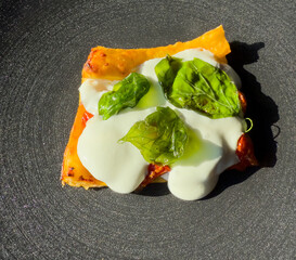 Quiche or savory pie with tomato, mozzarella and basil. Delicious food. Light and dietetic food