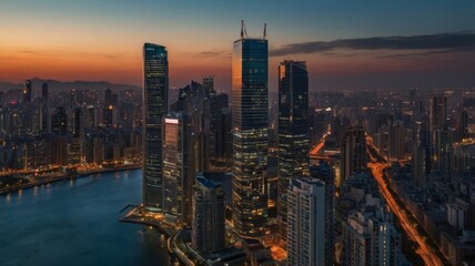 Naklejka premium Shanghai Skyline at Dawn: A City's Golden Awakening