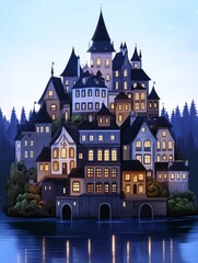 Lakeside Village at Dusk - A charming lakeside village at twilight, symbolizing peace, community, tranquility, magic, and home.