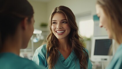 Fototapeta premium Nurses in a Circle of Care: Three female nurses, all wearing turquoise scrubs, stand in a circle, engaged in a friendly conversation. The central nurse beams with warmth and genuine connection.