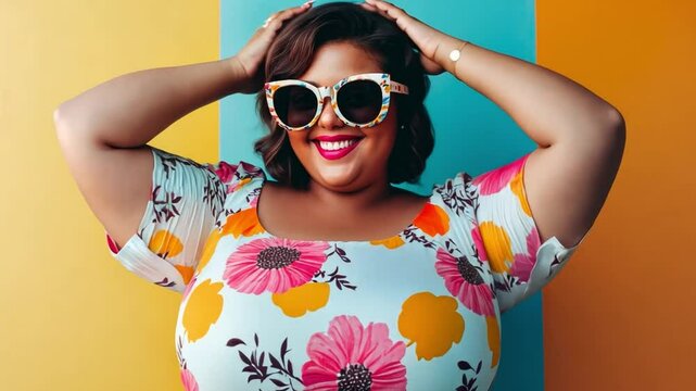 Confident and Stylish Plus-Size Woman: A vibrant, smiling plus-size woman with dark hair and bold sunglasses poses confidently against a cheerful yellow and teal background.