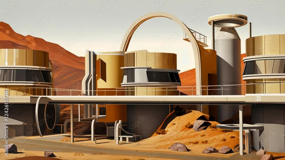 Poster retro futuristic architecture in sci-fi scene on the desert planet. alien landscape with nostalgic r