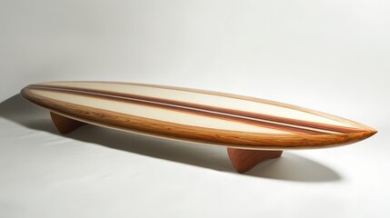 Fototapeta premium Surfboard Coffee Table: A unique and stylish surfboard-shaped coffee table crafted from rich wood tones, featuring a smooth, polished surface and sturdy legs.