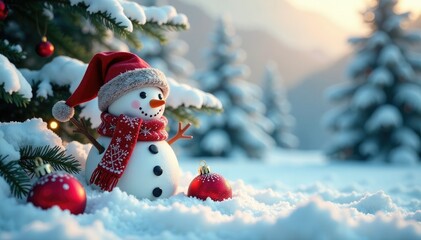 Obraz premium Winter scene with snowman, Christmas balls, and snow-covered trees in the background, holiday, tree, snowflake