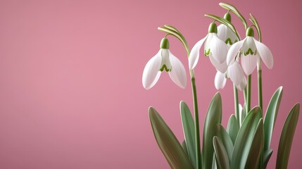 Fototapeta premium Beautiful Snowdrop Flowers on Soft Pink Background for Celebrating Women's Day, Ideal for Greeting Cards and Floral Arrangements