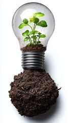 Light bulb with a green plant growing inside connected to the ground with roots, symbolizing green energy and environmental conservation