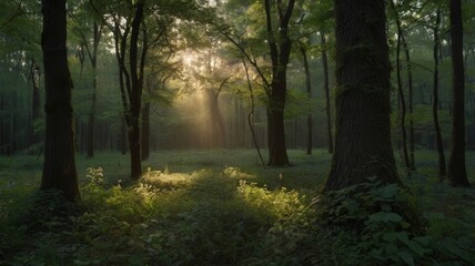 Obraz premium Sunlit Forest Path Mystical Dawn in the Woods