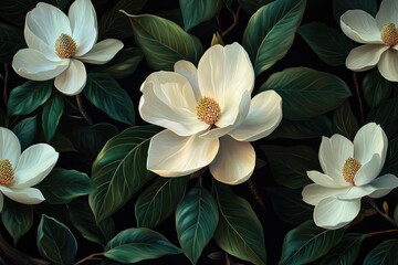 Fototapeta premium White magnolia flowers blooming on dark green leaves background