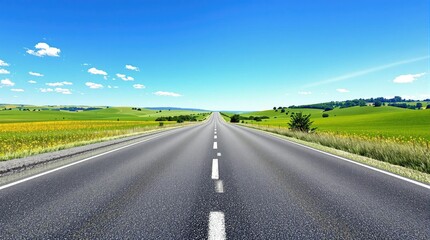 Fototapeta premium Wide open stretch of empty asphalt road in the middle of a green landscape with a clear blue sky above, blue sky., clear sky, outdoor