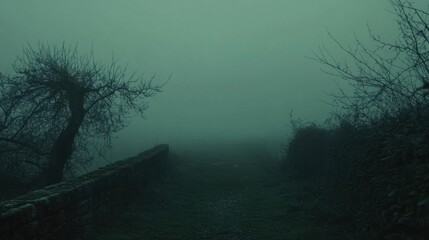 Fototapeta premium Dark Green Foggy Landscape with Silhouetted Trees