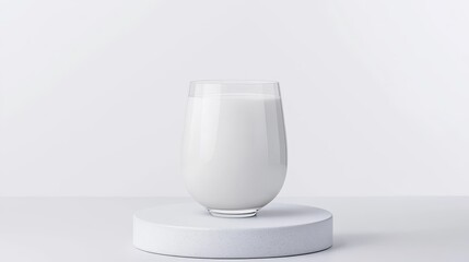 Glass of Milk on White Platform - A glass of milk sits on a small white platform against a white background.  Clean and simple image ideal for food and beverage marketing.