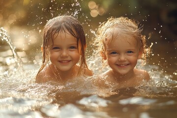 Obraz premium Two smiling children bathing and playing in a river