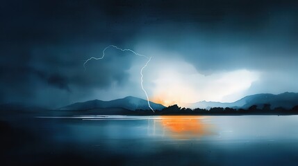 Dramatic Storm Over Tranquil Lake at Dusk