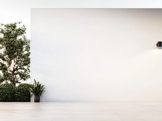 Modern minimalist outdoor space featuring a blank wall and greenery during the day