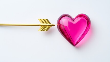 Golden Arrow Piercing Pink Heart - A gold arrow points towards a pink glass heart on a white background.  Perfect for Valentine's Day or love-themed designs.