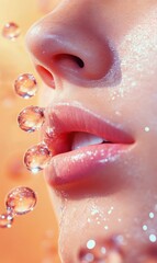 Fototapeta premium Close-up of a woman's face with water droplets, emphasizing hydration and skincare routine