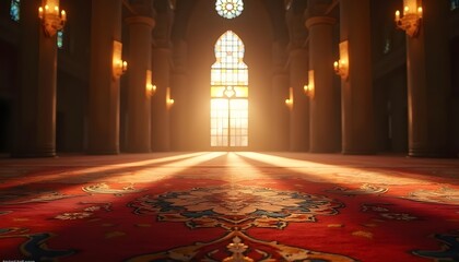 Sunlit Mosque Interior with Ornate Carpet and Stained Glass
