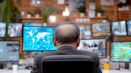 Obraz premium Business professional observing multiple screens displaying data and video conferences in a modern office