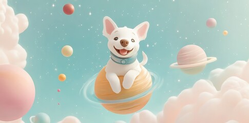 Happy Puppy Astronaut Floating Among Planets