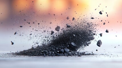 Dark Grey Particles Exploding Against Blurred Background