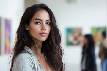 Naklejka premium Elegant Woman at Modern Art Gallery Event.