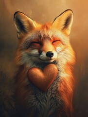 Peaceful Fox with Heart - A heartwarming image of a red fox holding a heart, eyes closed in peaceful contentment.  Perfect for Valentine's Day or themes of love and nature.