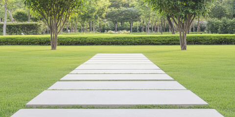 Fototapeta premium Pathway through a serene garden with lush greenery and trees on a sunny day