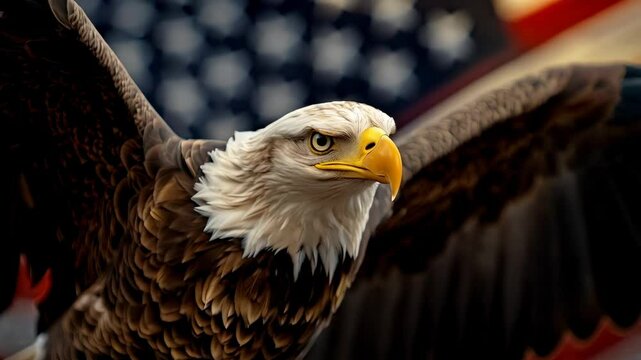 Majestic Bald Eagle in Flight Against a Patriotic Background of the American Flag, Symbolizing Freedom and Power in Nature