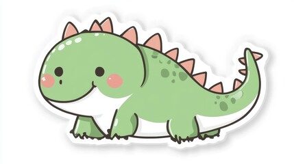 Cute green cartoon dinosaur sticker, walking, white background, for kids' products