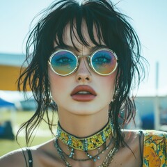 Woman in sunglasses and necklace with alternative street style in urban setting photography
