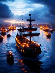 Majestic Galleon at Dusk - A large, illuminated galleon sails through a harbor at twilight, surrounded by smaller vessels.  The sky is a dramatic blend of blue and purple.