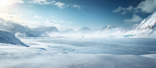 Arctic winter landscape featuring vast glaciers and a frozen sea.