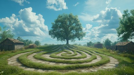 Lush Green Hilltop with Spiral Path and Stone Houses Under Sunny Sky
